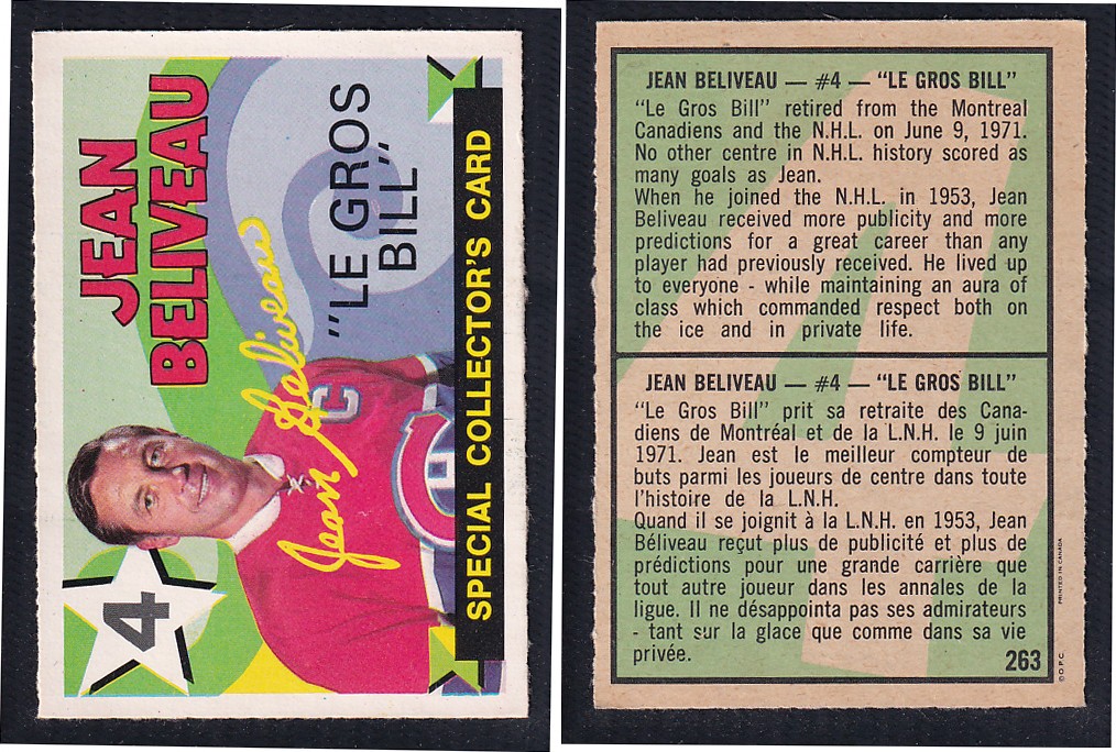 1971-72 O-PEE-CHEE HOCKEY CARD #263 JEAN BELIVEAU 