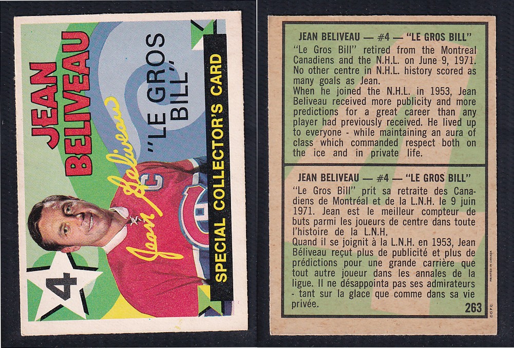 1971-72 O-PEE-CHEE HOCKEY CARD #263 JEAN BELIVEAU 