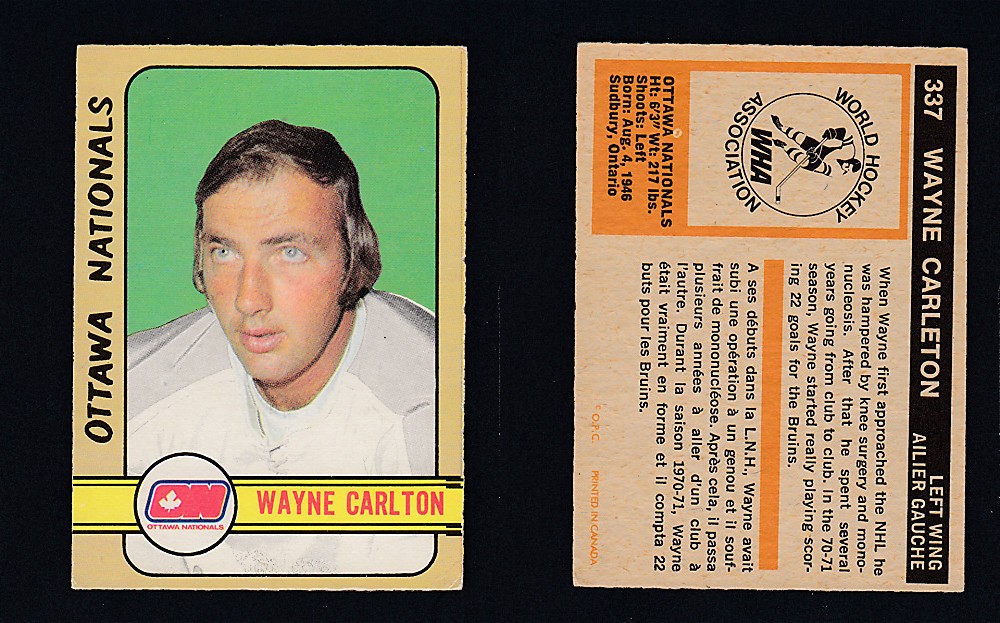 1972-73 O-PEE-CHEE HOCKEY CARD #337 W. CARLETON photo