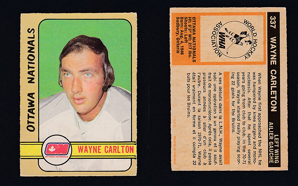 1972-73 O-PEE-CHEE HOCKEY CARD #337 W. CARLETON photo 1972-73 O-PEE-CHEE HOCKEY CARD #337 W. CARLETON photo