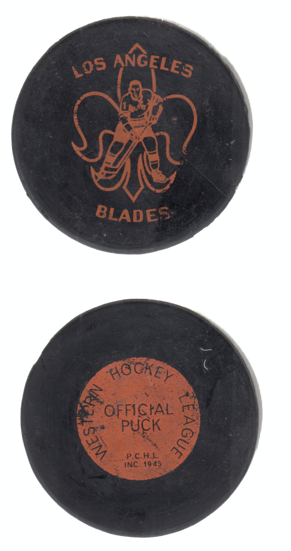 1956-65 CCM2 WHL LOS ANGELES BLADES GAME PUCK photo 1956-65 CCM2 WHL LOS ANGELES BLADES GAME PUCK photo