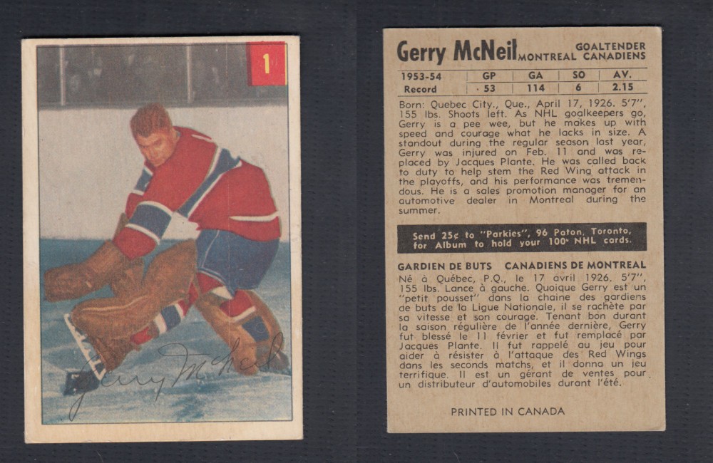 1954-55 PARKHURST HOCKEY CARD #1 G. MCNEIL photo 1954-55 PARKHURST HOCKEY CARD #1 G. MCNEIL photo