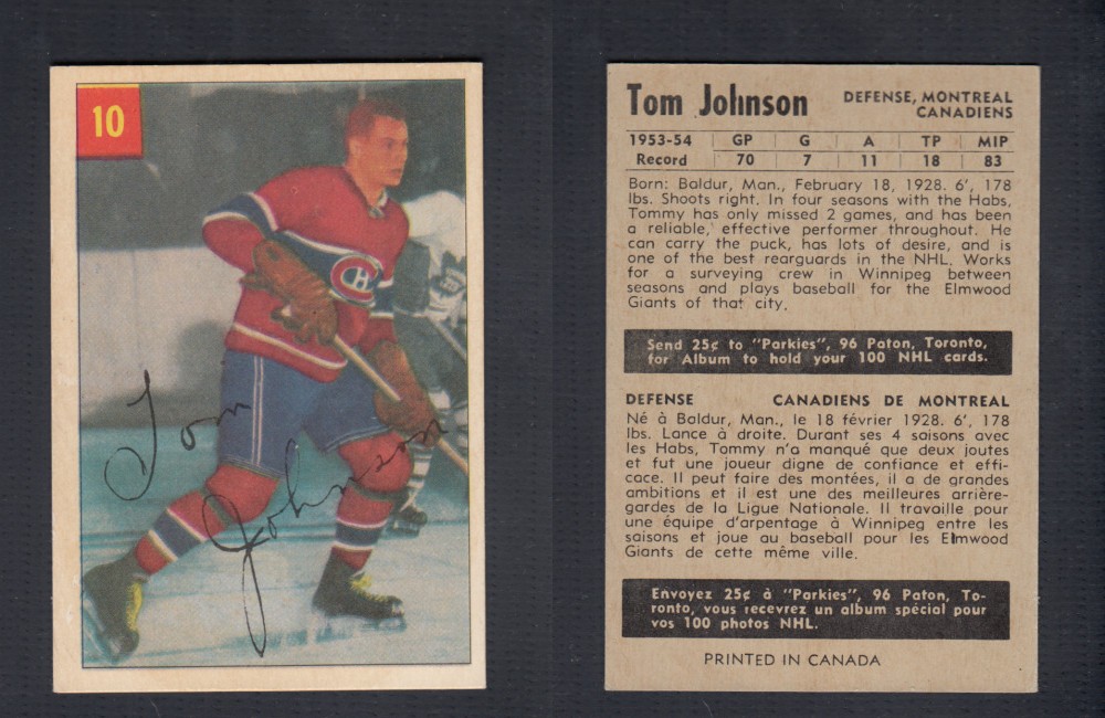 1954-55 PARKHURST HOCKEY CARD #10 T. JOHNSON photo 1954-55 PARKHURST HOCKEY CARD #10 T. JOHNSON photo