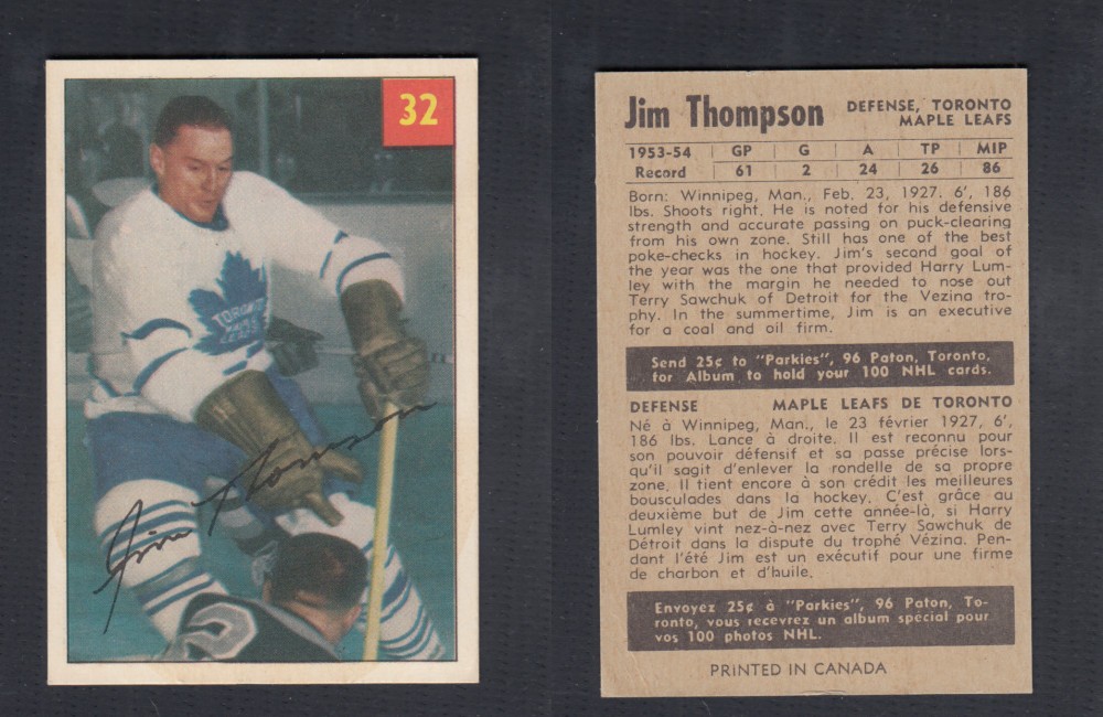 1954-55 PARKHURST HOCKEY CARD #32 J. THOMPSON photo 1954-55 PARKHURST HOCKEY CARD #32 J. THOMPSON photo
