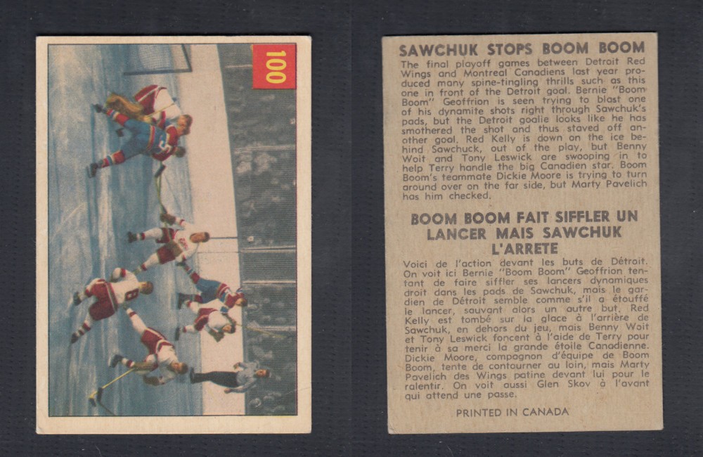 1954-55 PARKHURST HOCKEY CARD #100 SAWCHUK STOPS BOOM BOOM photo 1954-55 PARKHURST HOCKEY CARD #100 SAWCHUK STOPS BOOM BOOM photo