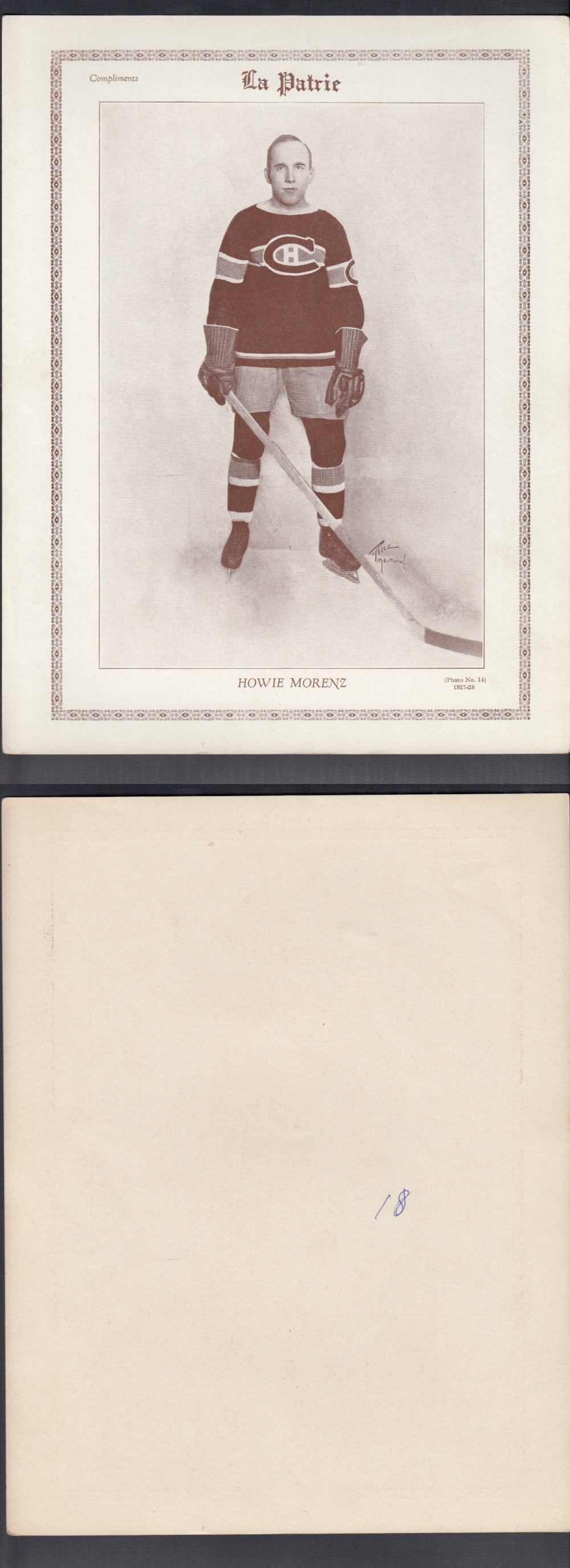 1927-28 LA PATRIE PHOTO #14 H. MORENZ photo 1927-28 LA PATRIE PHOTO #14 H. MORENZ photo