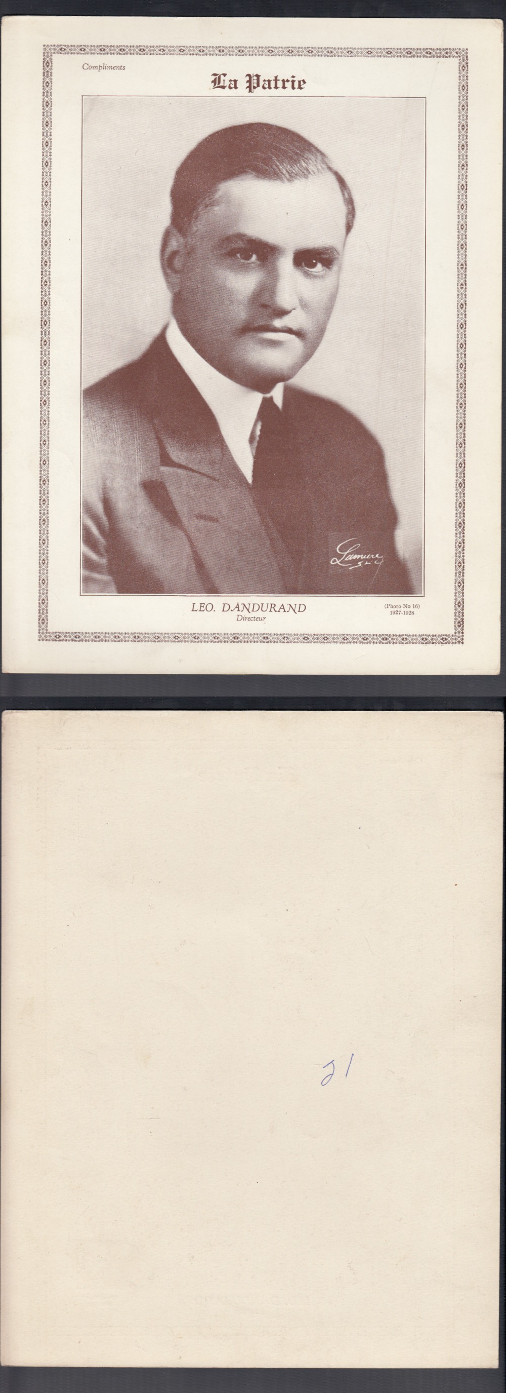 1927-28 LA PATRIE PHOTO #16 L. DANDURAND photo 1927-28 LA PATRIE PHOTO #16 L. DANDURAND photo