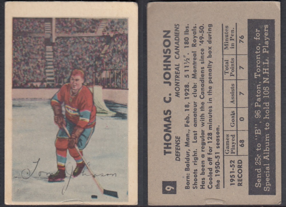 1952-53 PARKHURST HOCKEY CARD #9 T. JOHNSON photo 1952-53 PARKHURST HOCKEY CARD #9 T. JOHNSON photo