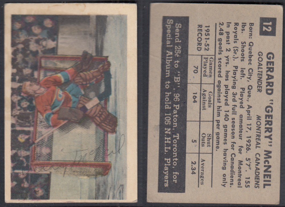 1952-53 PARKHURST HOCKEY CARD #12 G. MCNEIL photo 1952-53 PARKHURST HOCKEY CARD #12 G. MCNEIL photo