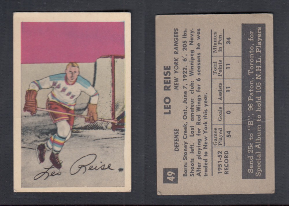 1952-53 PARKHURST HOCKEY CARD #49 L. REISE photo 1952-53 PARKHURST HOCKEY CARD #49 L. REISE photo
