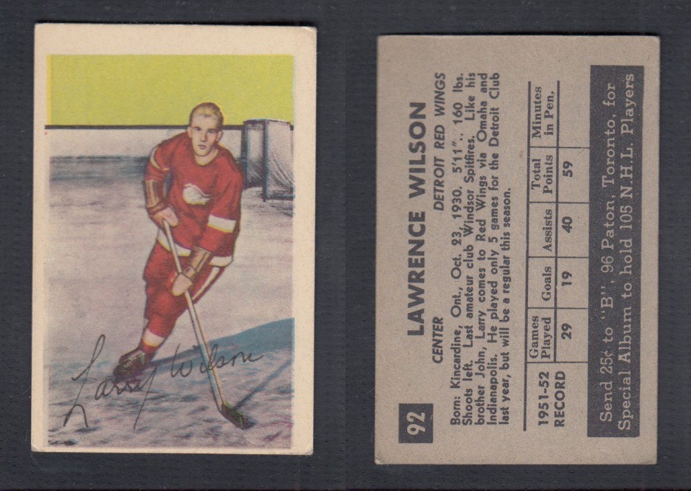 1952-53 PARKHURST HOCKEY CARD #92 L. WILSON photo 1952-53 PARKHURST HOCKEY CARD #92 L. WILSON photo