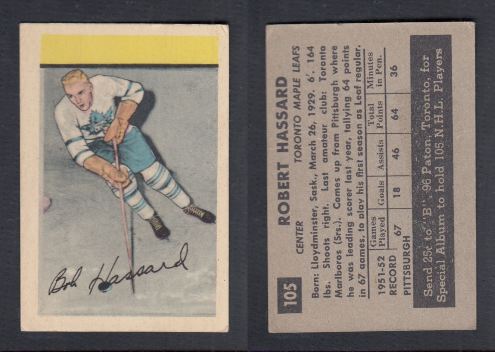 1952-53 PARKHURST HOCKEY CARD #105 R. HASSARD photo 1952-53 PARKHURST HOCKEY CARD #105 R. HASSARD photo