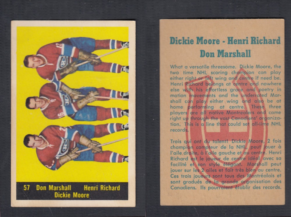 1960-61 PARKHURST HOCKEY CARD #57 D. MARSHALL, H. RICHARD, D. MOORE photo 1960-61 PARKHURST HOCKEY CARD #57 D. MARSHALL, H. RICHARD, D. MOORE photo