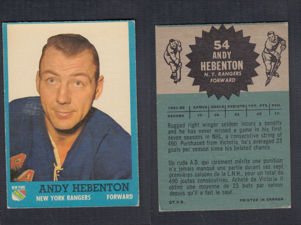 1962-63 TOPPS HOCKEY CARD #54 A. HEBENTON photo 1962-63 TOPPS HOCKEY CARD #54 A. HEBENTON photo
