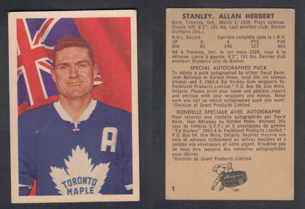 1963-64 PARKHURST HOCKEY CARD #1 A. STANLEY photo 1963-64 PARKHURST HOCKEY CARD #1 A. STANLEY photo