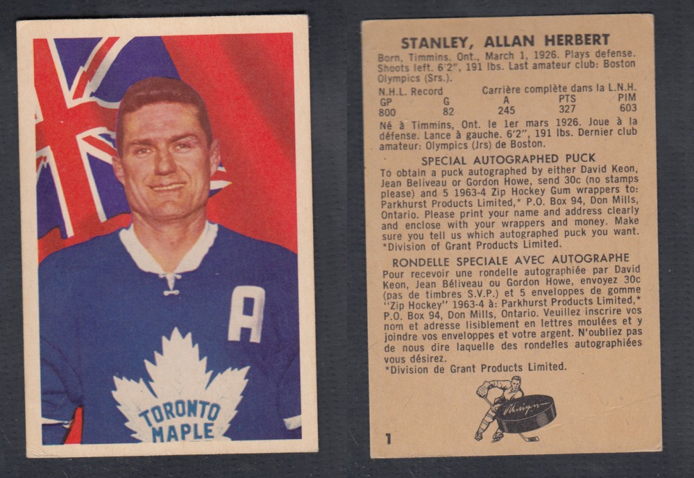 1963-64 PARKHURST HOCKEY CARD #1 A. STANLEY photo 1963-64 PARKHURST HOCKEY CARD #1 A. STANLEY photo