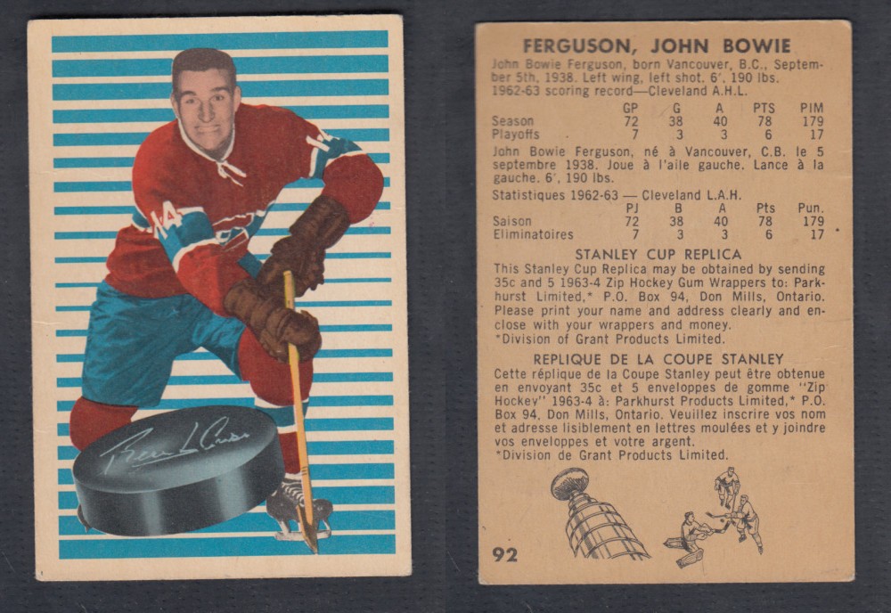 1963-64 PARKHURST HOCKEY CARD #92 J. FERGUSON photo 1963-64 PARKHURST HOCKEY CARD #92 J. FERGUSON photo