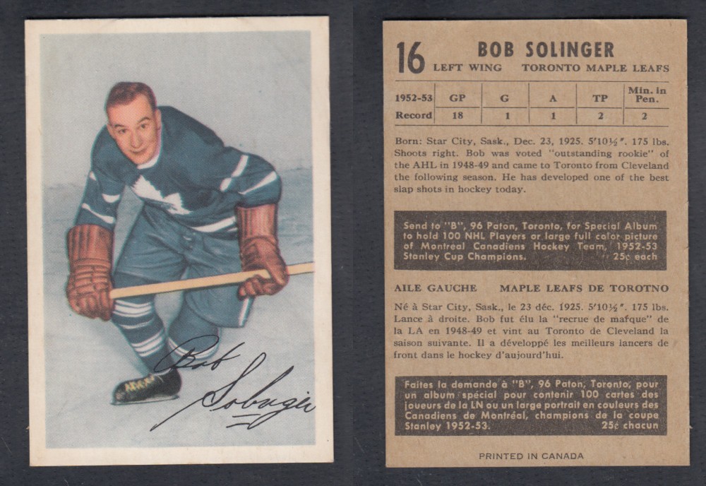 1953-54 PARKHURST HOCKEY CARD #16 B. SOLINGER photo 1953-54 PARKHURST HOCKEY CARD #16 B. SOLINGER photo