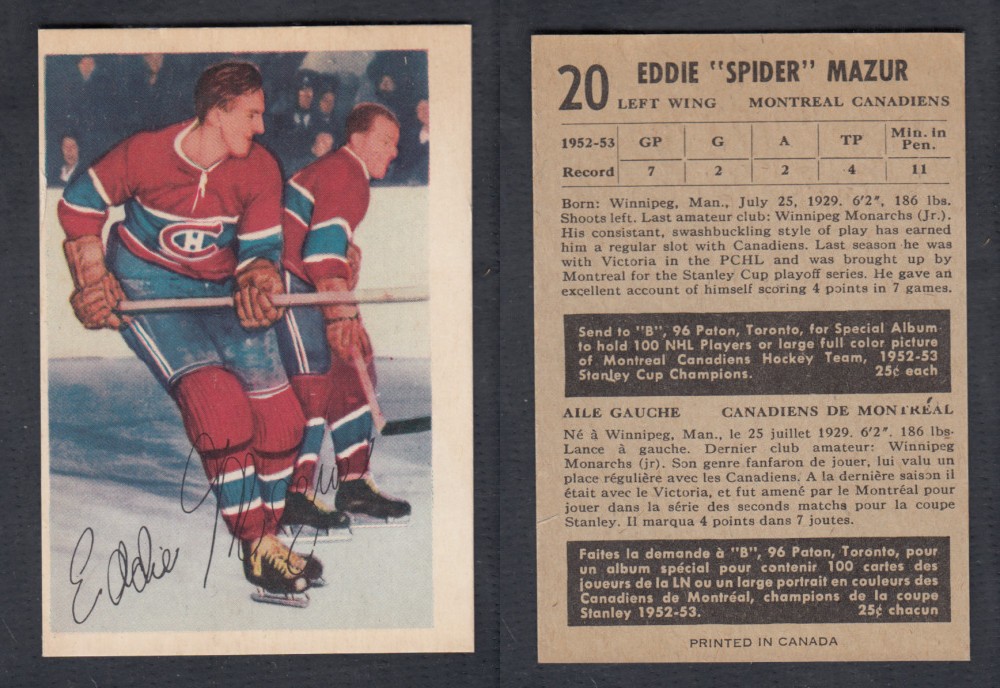 1953-54 PARKHURST HOCKEY CARD #20 E. MAZUR photo 1953-54 PARKHURST HOCKEY CARD #20 E. MAZUR photo