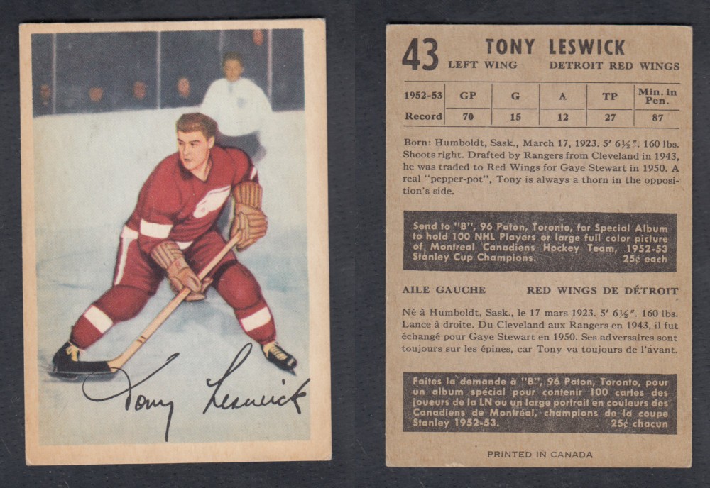 1953-54 PARKHURST HOCKEY CARD #43 T. LESWICK photo 1953-54 PARKHURST HOCKEY CARD #43 T. LESWICK photo