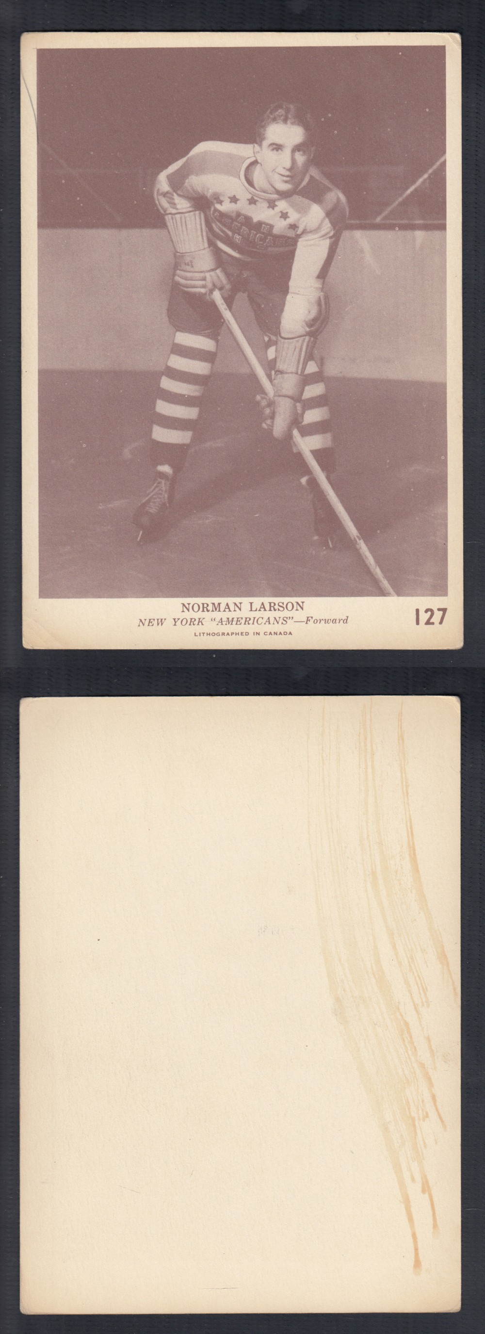 1940-41 O-PEE-CHEE HOCKEY CARD #127 N. LARSON photo 1940-41 O-PEE-CHEE HOCKEY CARD #127 N. LARSON photo