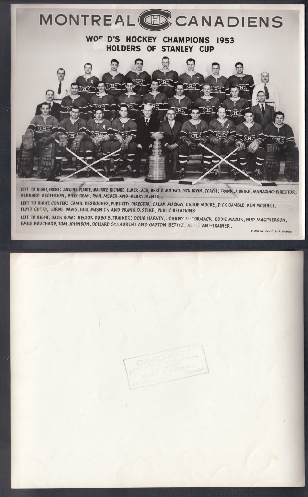 1953 D. BIER MONTREAL CANADIENS STANLEY CUP TEAM PHOTO photo 1953 D. BIER MONTREAL CANADIENS STANLEY CUP TEAM PHOTO photo