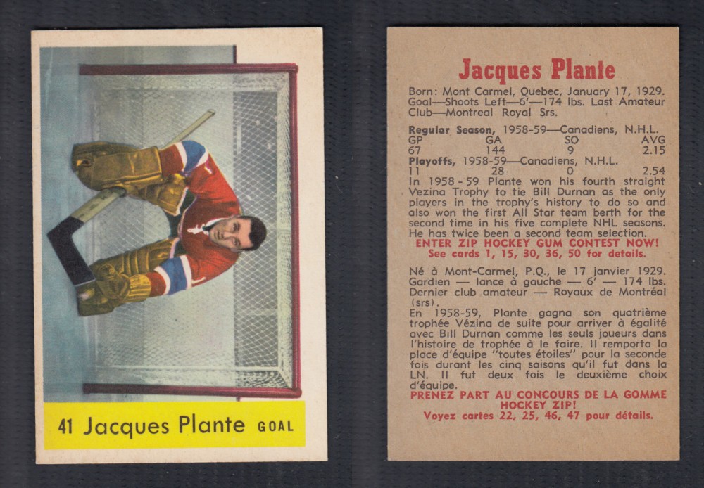 1959-60 PARKHURST HOCKEY CARD #41 J. PLANTE photo 1959-60 PARKHURST HOCKEY CARD #41 J. PLANTE photo