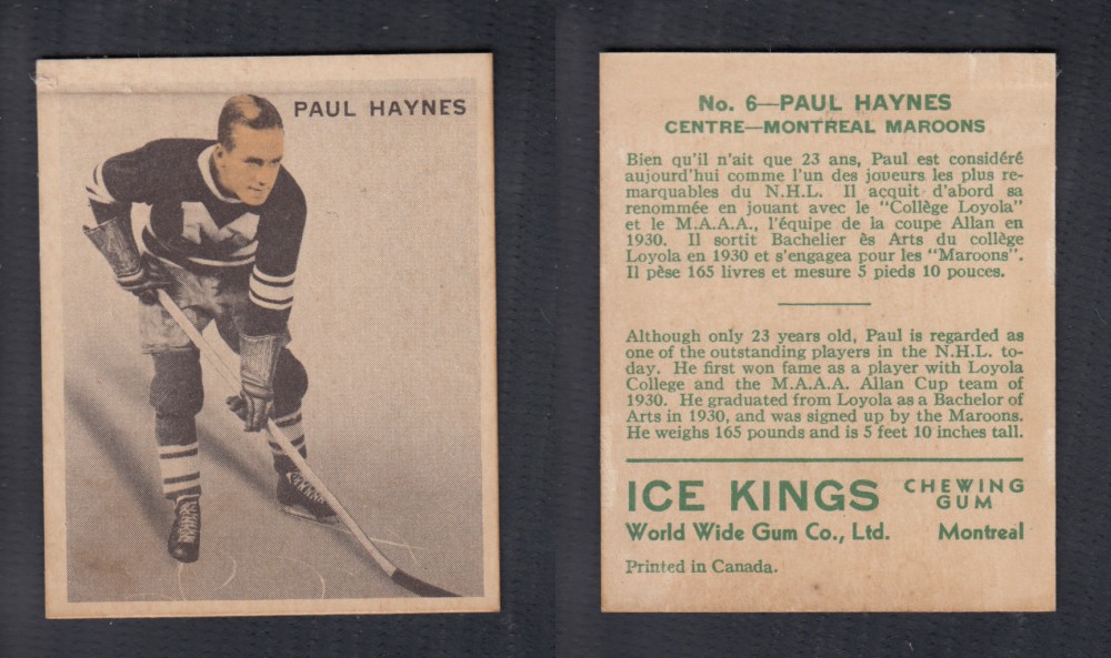 1933-34 ICE KINGS HOCKEY CARD #6 P. HAYNES photo 1933-34 ICE KINGS HOCKEY CARD #6 P. HAYNES photo