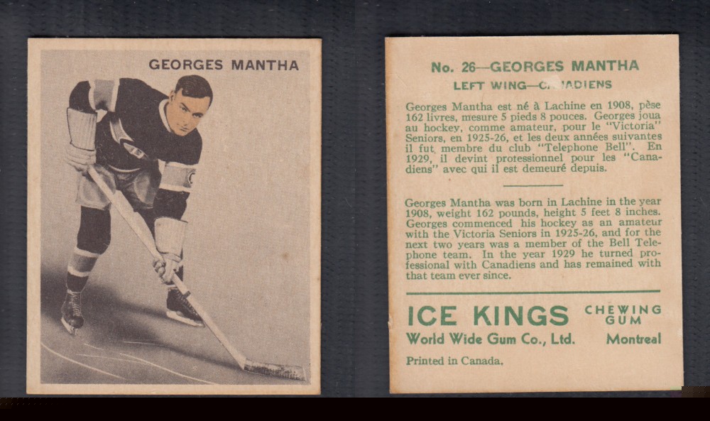1933-34 ICE KINGS HOCKEY CARD #26 G. MANTHA photo 1933-34 ICE KINGS HOCKEY CARD #26 G. MANTHA photo