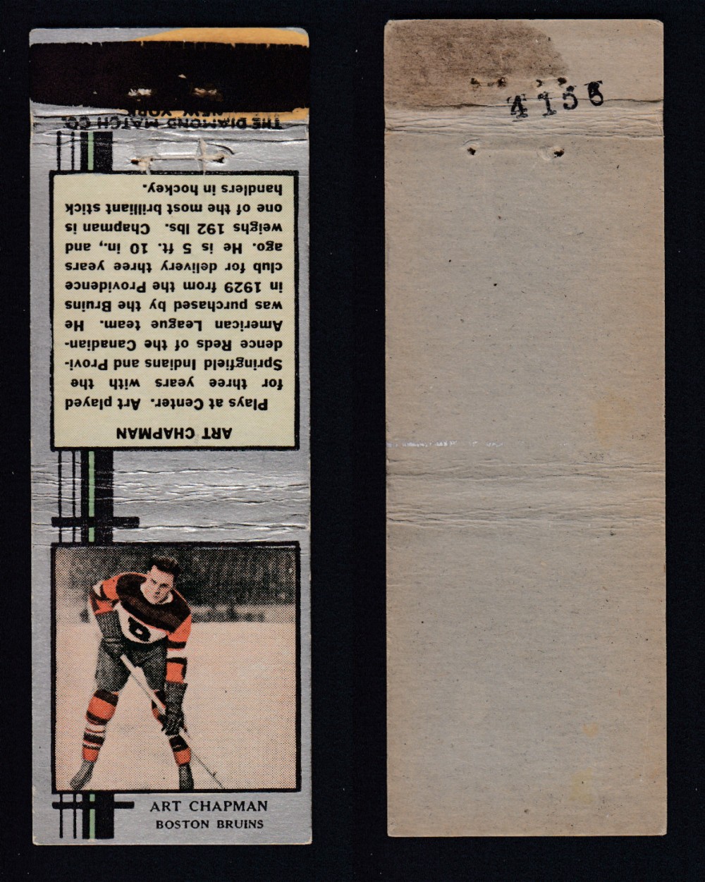 1933-34 DIAMOND MATCHBOOK HOCKEY CARD SILVER A. CHAPMAN photo 1933-34 DIAMOND MATCHBOOK HOCKEY CARD SILVER A. CHAPMAN photo