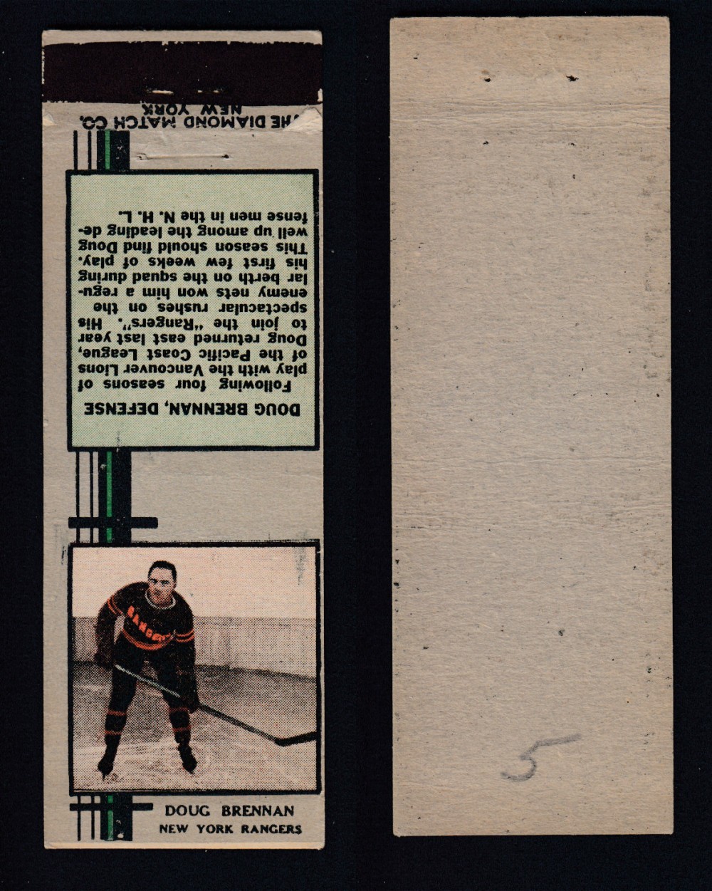 1933-34 DIAMOND MATCHBOOK HOCKEY CARD SILVER D. BRENNAN photo 1933-34 DIAMOND MATCHBOOK HOCKEY CARD SILVER D. BRENNAN photo