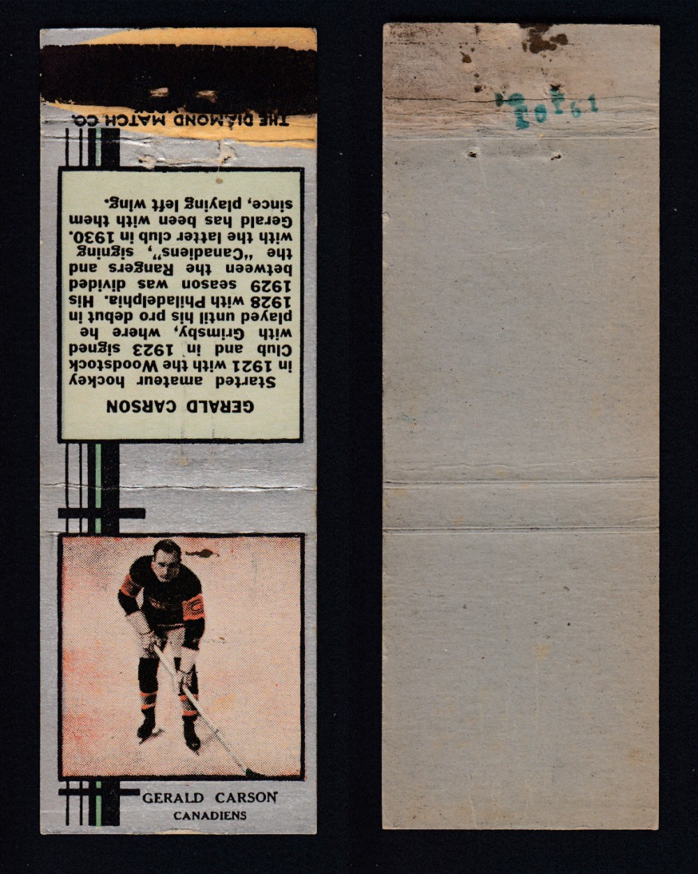 1933-34 DIAMOND MATCHBOOK HOCKEY CARD SILVER G. CARSON photo 1933-34 DIAMOND MATCHBOOK HOCKEY CARD SILVER G. CARSON photo