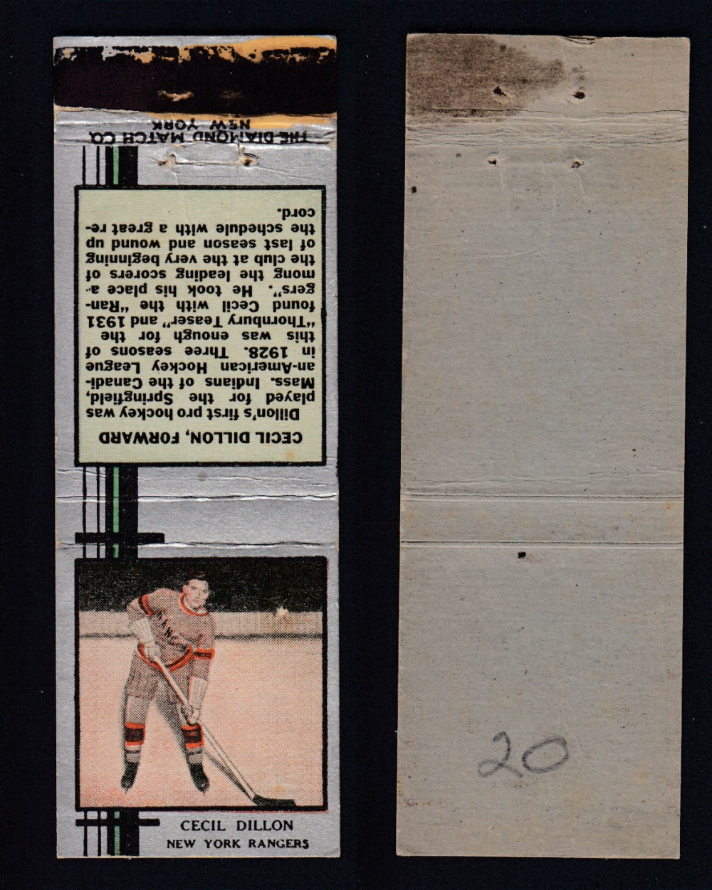 1933-34 DIAMOND MATCHBOOK HOCKEY CARD SILVER C. DILLON photo 1933-34 DIAMOND MATCHBOOK HOCKEY CARD SILVER C. DILLON photo