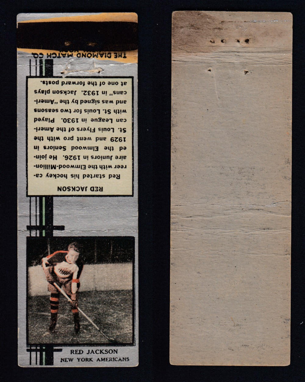 1933-34 DIAMOND MATCHBOOK HOCKEY CARD SILVER R. JACKSON photo 1933-34 DIAMOND MATCHBOOK HOCKEY CARD SILVER R. JACKSON photo