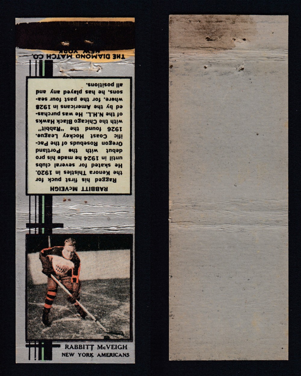 1933-34 DIAMOND MATCHBOOK HOCKEY CARD SILVER R. MCVEIGH photo 1933-34 DIAMOND MATCHBOOK HOCKEY CARD SILVER R. MCVEIGH photo