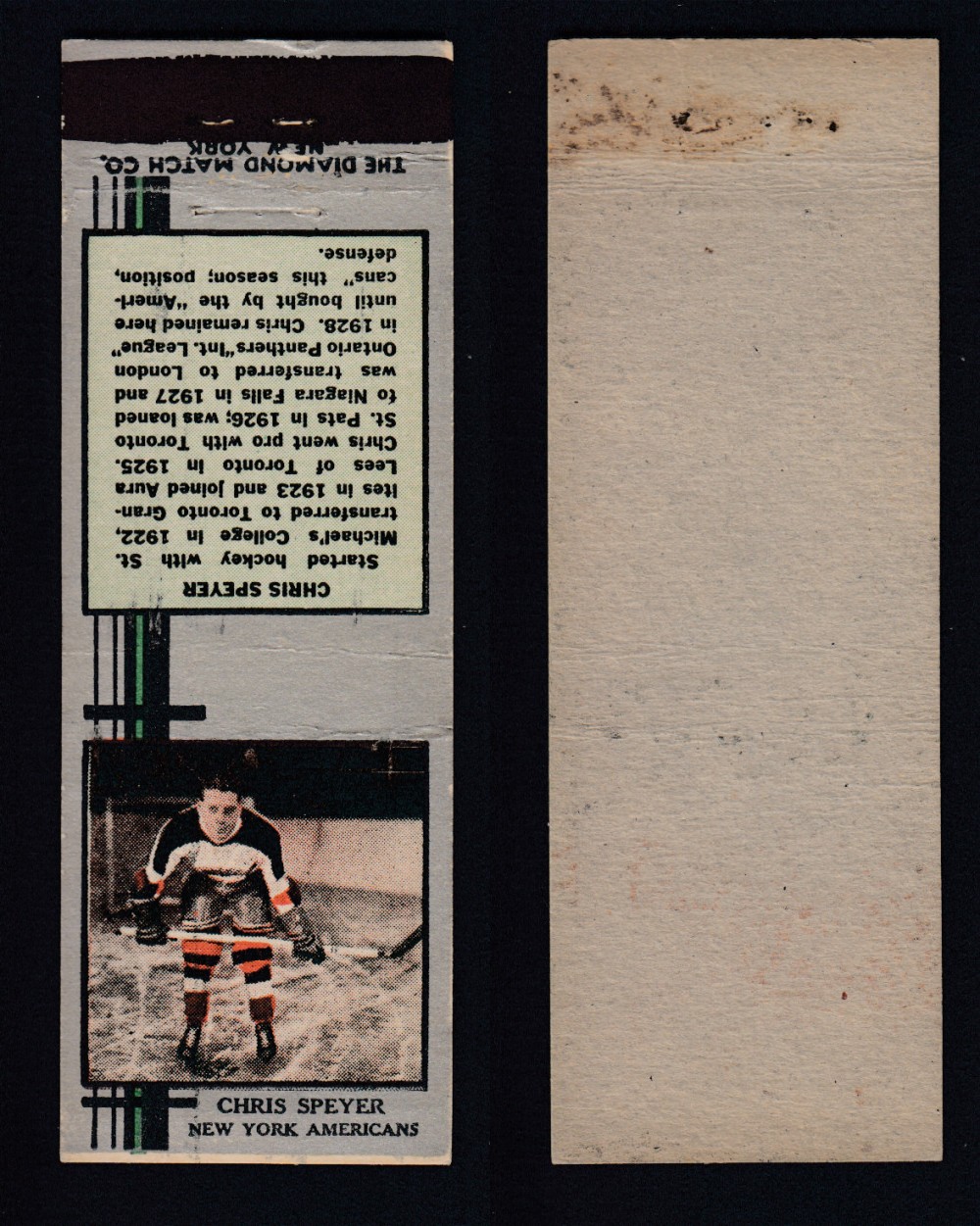 1933-34 DIAMOND MATCHBOOK HOCKEY CARD SILVER C. SPEYER photo