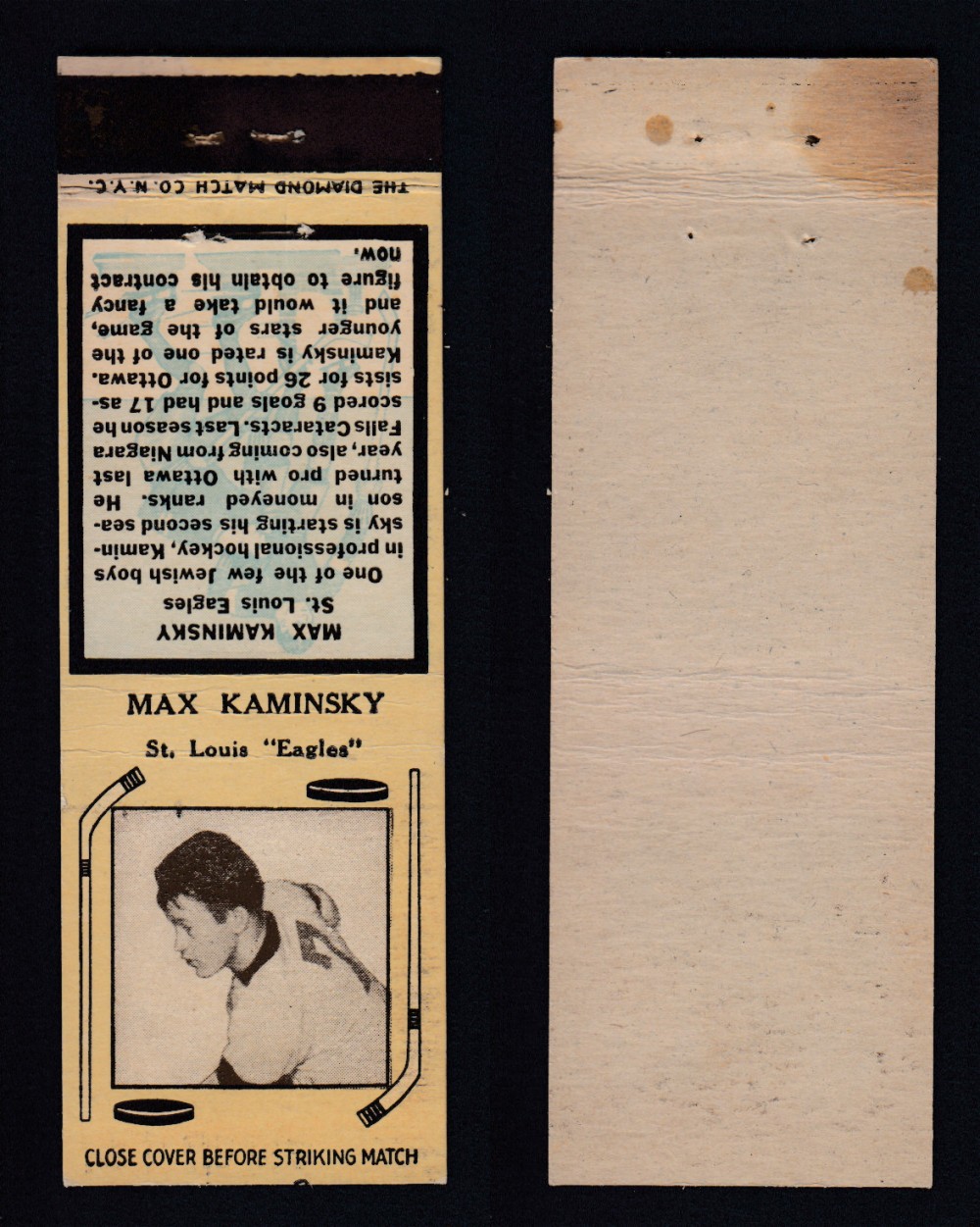 1934-35 DIAMOND MATCHBOOK HOCKEY CARD TYPE 1 M. KAMINSKY photo 1934-35 DIAMOND MATCHBOOK HOCKEY CARD TYPE 1 M. KAMINSKY photo