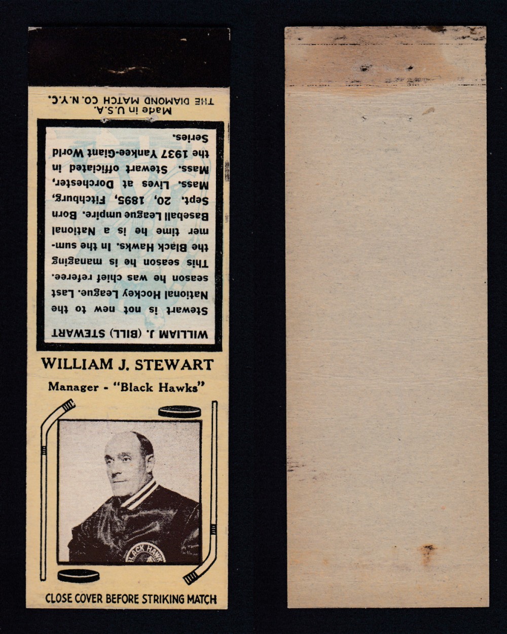 1937-38 DIAMOND MATCHBOOK HOCKEY CARD TYPE 6 W. STEWART photo 1937-38 DIAMOND MATCHBOOK HOCKEY CARD TYPE 6 W. STEWART photo