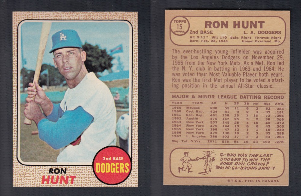 1968 O-PEE-CHEE BASEBALL CARD #15 R. HUNT photo 1968 O-PEE-CHEE BASEBALL CARD #15 R. HUNT photo