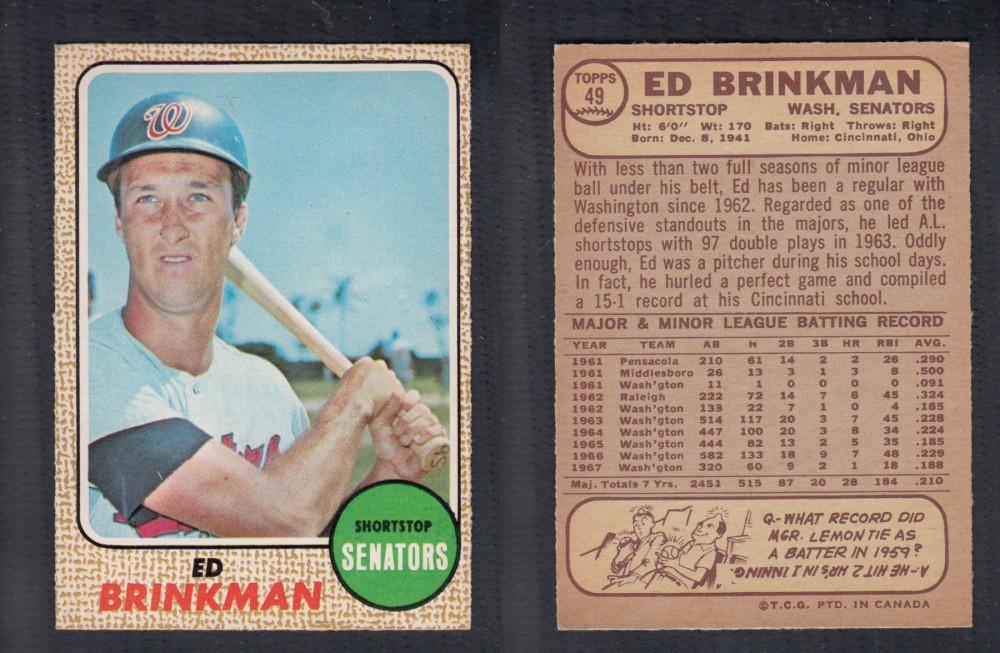 1968 O-PEE-CHEE BASEBALL CARD #49 E. BRINKMAN photo 1968 O-PEE-CHEE BASEBALL CARD #49 E. BRINKMAN photo