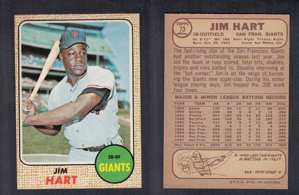 1968 O-PEE-CHEE BASEBALL CARD #73 J. HART photo 1968 O-PEE-CHEE BASEBALL CARD #73 J. HART photo