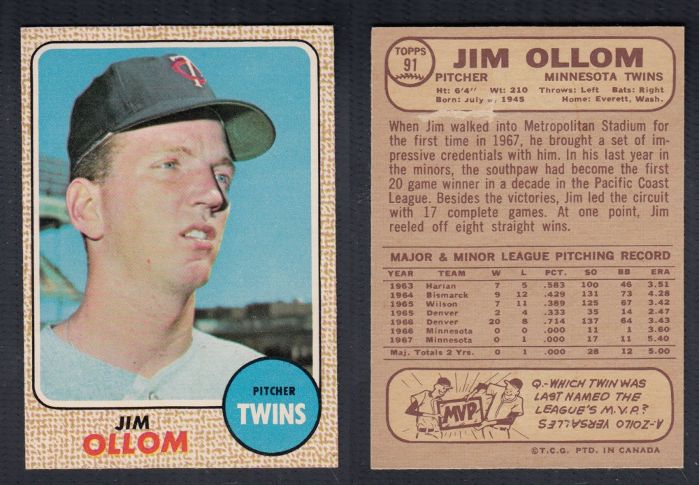 1968 O-PEE-CHEE BASEBALL CARD #91 J. OLLOM photo 1968 O-PEE-CHEE BASEBALL CARD #91 J. OLLOM photo