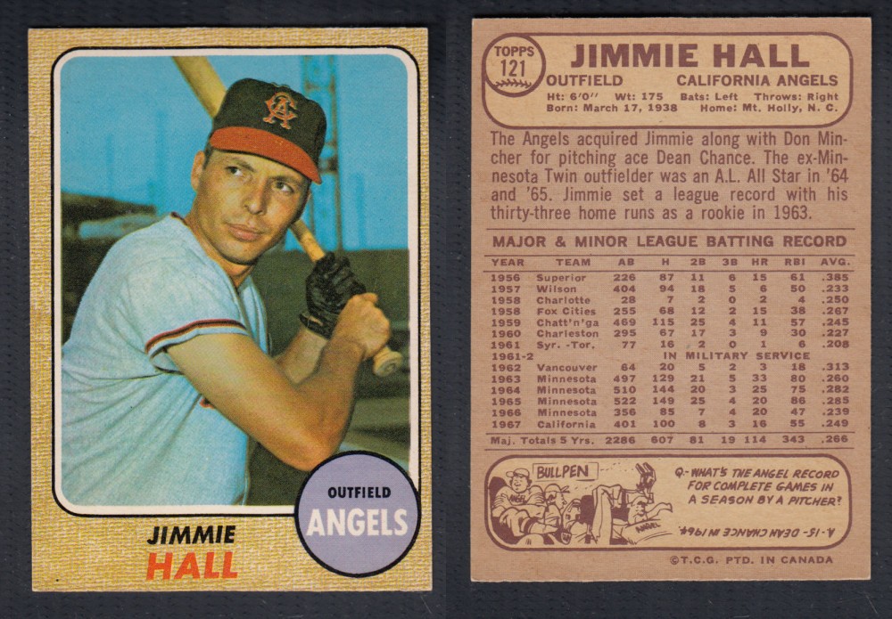 1968 O-PEE-CHEE BASEBALL CARD #121 J. HALL photo 1968 O-PEE-CHEE BASEBALL CARD #121 J. HALL photo