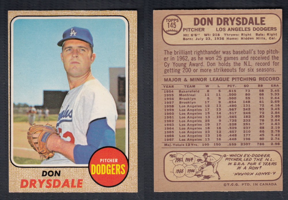 1968 O-PEE-CHEE BASEBALL CARD #145 D. DRYSDALE photo 1968 O-PEE-CHEE BASEBALL CARD #145 D. DRYSDALE photo