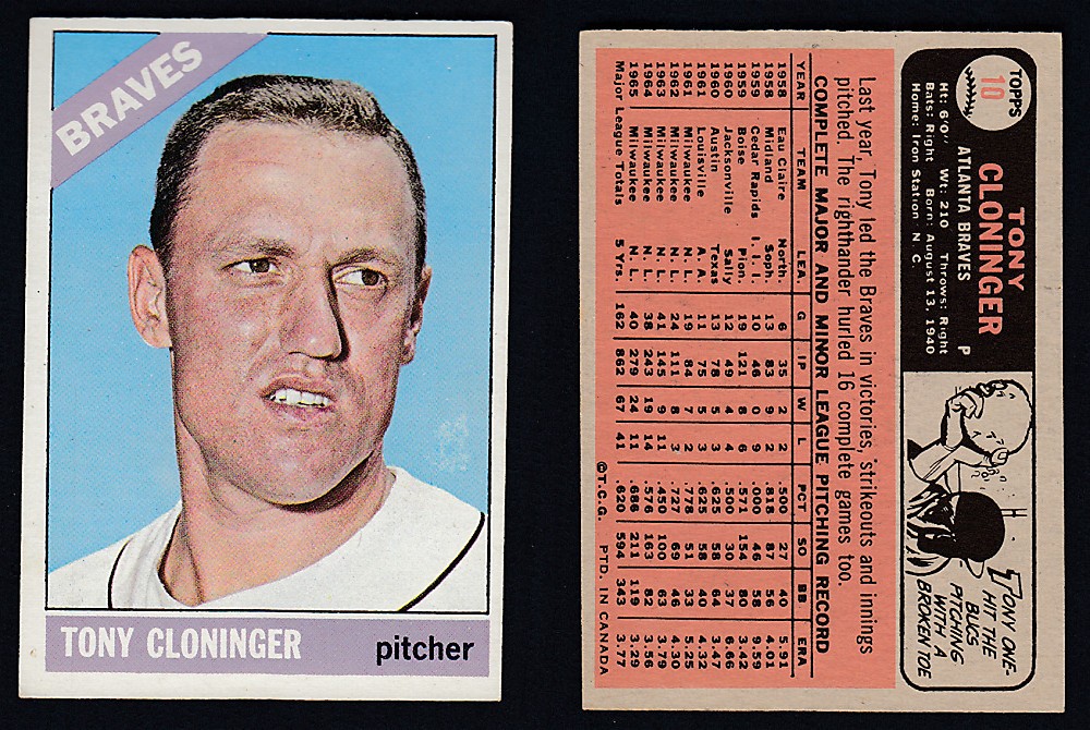 1966 O-PEE-CHEE BASEBALL CARD #10 T. CLONINGER photo 1966 O-PEE-CHEE BASEBALL CARD #10 T. CLONINGER photo