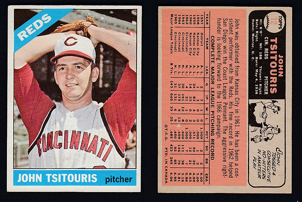 1966 O-PEE-CHEE BASEBALL CARD #12 J. TSITOURIS photo 1966 O-PEE-CHEE BASEBALL CARD #12 J. TSITOURIS photo