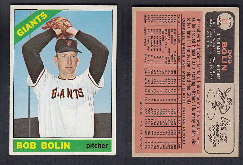 1966 O-PEE-CHEE BASEBALL CARD #61 B. BOLIN photo 1966 O-PEE-CHEE BASEBALL CARD #61 B. BOLIN photo