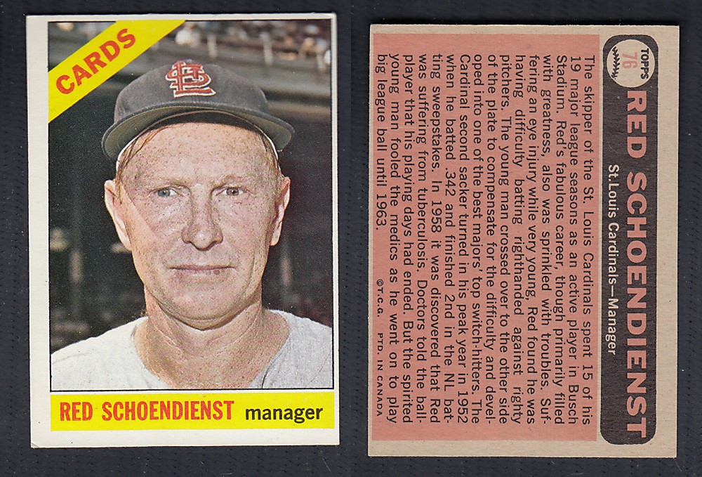1966 O-PEE-CHEE BASEBALL CARD #76 R. SCHOENDIENST photo 1966 O-PEE-CHEE BASEBALL CARD #76 R. SCHOENDIENST photo