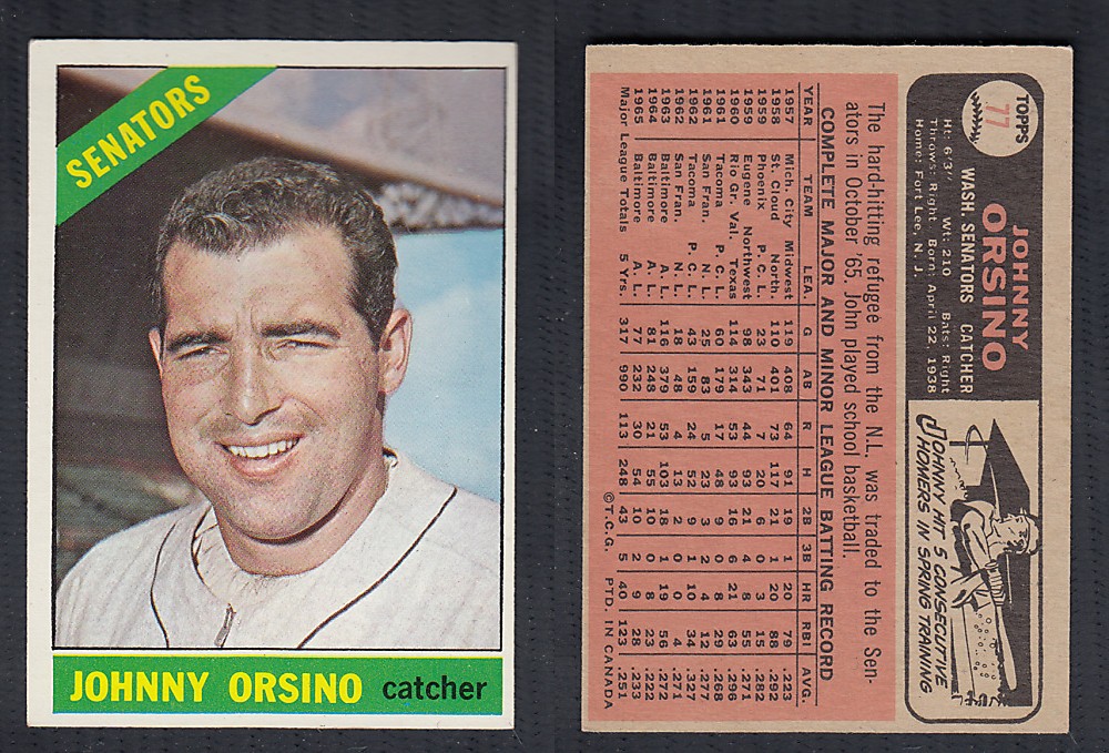 1966 O-PEE-CHEE BASEBALL CARD #77 J. ORSINO photo 1966 O-PEE-CHEE BASEBALL CARD #77 J. ORSINO photo