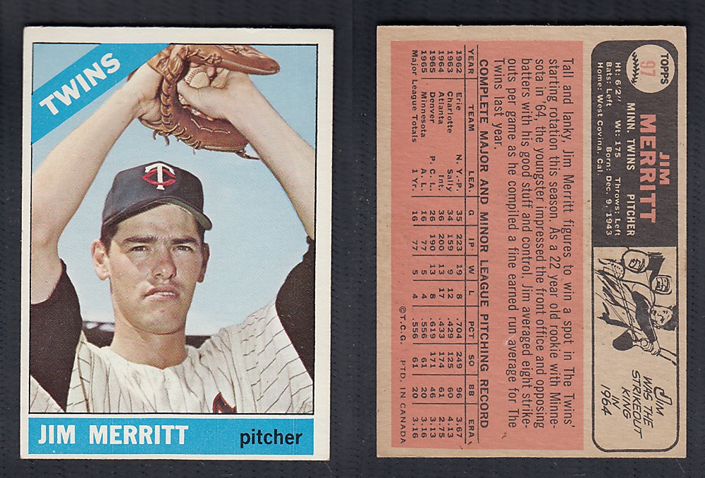 1966 O-PEE-CHEE BASEBALL CARD #97 J. MERRITT photo 1966 O-PEE-CHEE BASEBALL CARD #97 J. MERRITT photo